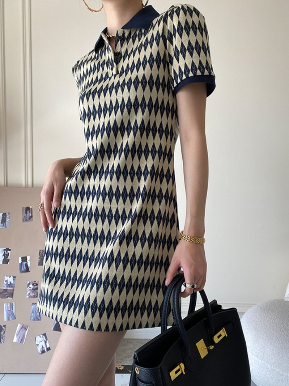 Diamond Pattern Knitted Polo Collar Mini Dress, Size L
